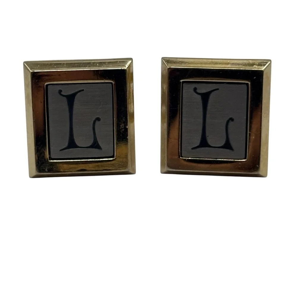 Initial L Monogram Hickok‎ USA Cufflinks Letter Vintage Two Tone Script Square
